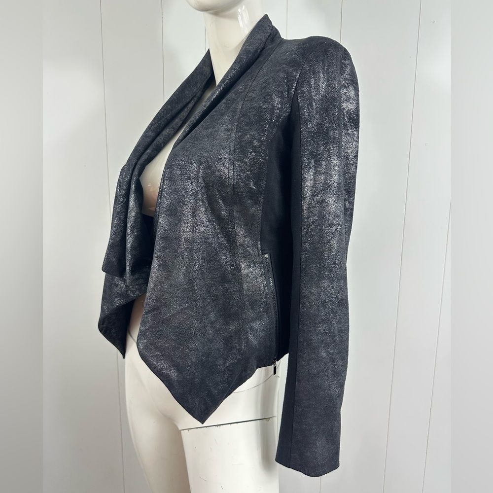 Cache Sz S Black Coated Drape Open Front Cardigan Sweater Side & Sleeve Zip - Picture 5 of 13